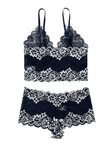Image of Lilosy Sexy Lingerie for Women Lace Pajamas Set Cami Bra and Panty High Waist Sheer Sleepwear 2 Piece 2XS-6XL