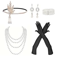5 Teiliges 20er Jahre Accessoires, Great Gatsby, Damen Charleston Accessoires, mit Perlen Ohrring Halskette Handschuh Armband Kopfbedeckung, für Halloween Weihnachten Elegant Party Abschlussball