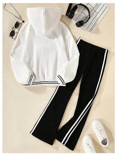 Image of Verdusa Girl's 2 Piece Outfits Long Sleeve Hoodie Sweatshirt and Wide Leg Pants White Black 12Y