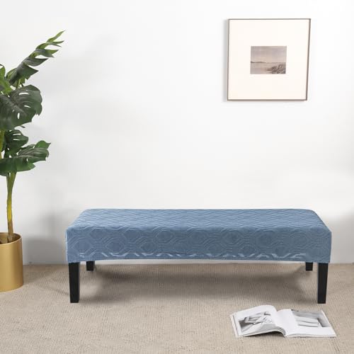 Image of SearchI Dining Bench Cover, Stretch Washable Long Bench Seat Covers, Rectangle Dining Table Bench Slipover for Dining Room, Living Room, Kitchen(Hexagon Jacquard Blue)