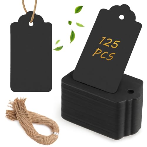 Image of SallyFashion 125pcs Black Paper Gift Tags with Free 200 Root Natural Jute Twine
