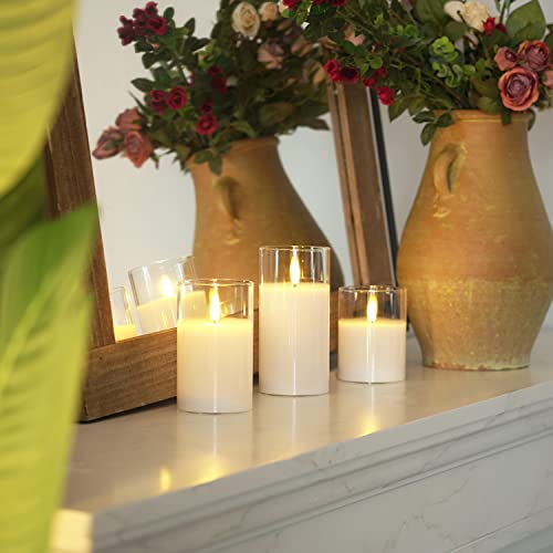 Image of Homemory Clear Glass Flameless Candles, Pure White Wax Battery Operated Candles, LED Pillar Candles with Remote Control and Timers, D3 H4 5 inch 6 inch, Set of 3