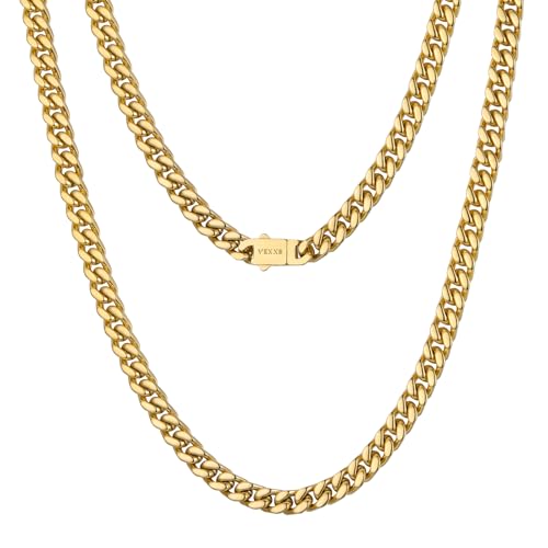 Image of VEXXS Men's Gold Chain 5/7mm, 18K Real Gold Plated Stainless Steel Cuban Link Chain, Men’s Necklace Chain Flat Cut Curb Chain Men’s Jewelry Gift01