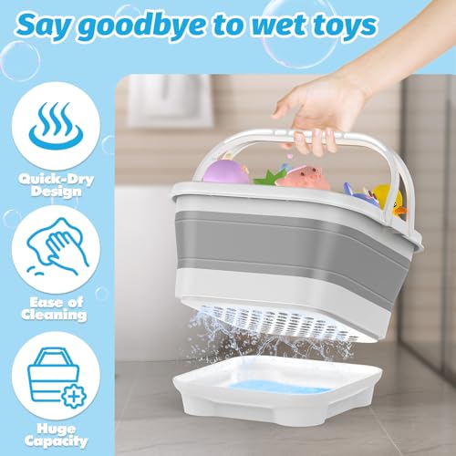 Anivia Foldable-Bath-Toy-Storage-Organizer, Bath Toy Holder with Removable Base, Quick-Drain-Drying Bathtub Toy Storage, Basket Bathroom Shower Toys Holder for Kids (Gray)