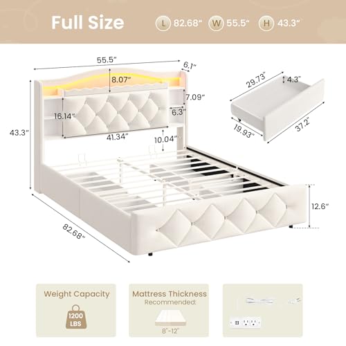 Image of DICTAC Full Size Bed Frame for Kids with 4 Storage Drawers, Bookcase Headboard, LED Lights and Power Outlets, Diamond Tufted Velvet Upholstered Princess Platform Bed, Heavy-Duty Metal Support, Beige