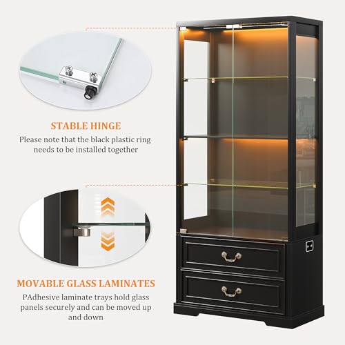 TAGELIER 67\" Tall Display Cabinet with Glass Doors and 2 Drawers, Adjustable Glass Height Bookcase, Curio Cabinet with 3 LED Lights and Human Body Sensor (Black)