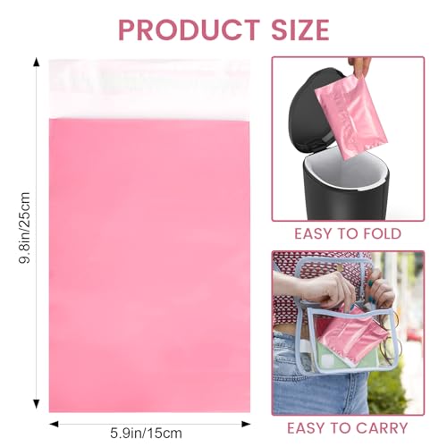 Image of Disposable Sanitary Bags, 100 Pcs, Pink, Self-sealing, Odor-proof, Rectangular, Plastic, 10 inch x 6 inch Bags for Feminine Hygiene, Personal Waste, or Pet Waste