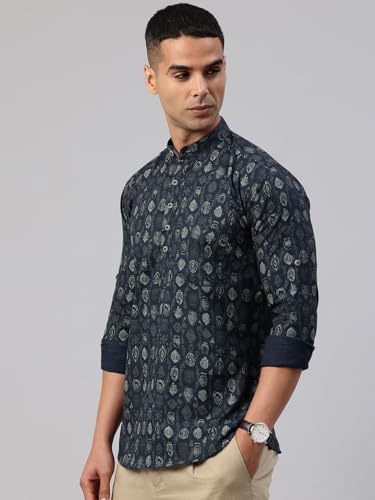 Image of Majestic Man Men's Pure Cotton Printed Mandarin Collar Regular Fit Roll-Up Sleeves Short Kurta