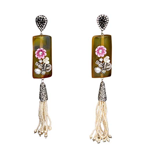 Gemsonclick Elegantes aretes colgantes de plata alemana, con tachuelas de plata preciosa inspirada en Bollywood, colección Indo-Western, elegantes aretes con borlas, regalo para amor, esposa, hermana,