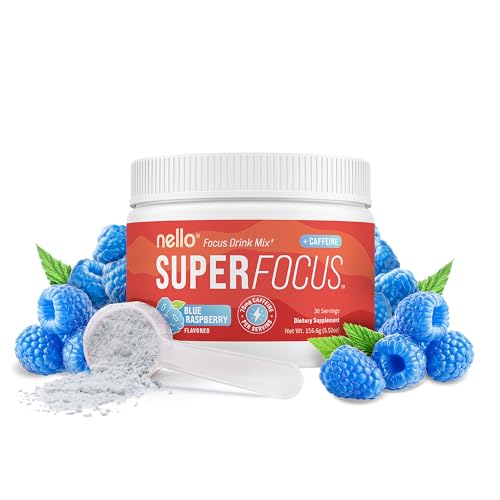 Nello Superfocus Nootropic Focus Drink Mix for Productivity L-Theanine Rhodiola Rosea Alpha-GPC Lions Mane Tyrosine Sugar-Free Packets (30 Servings (Caffeine) Blue Raspberry)