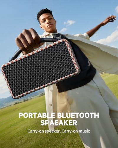 Image of DINDIN Portable Bluetooth Speaker: 80W (Peak), 20H Playtime, Loud Wireless Wood Speakers with Bass, AUX and USB Input, Subwoofer, TWS Pairing, Vintage Speaker for Outdoor, Home, Office (Red+White)