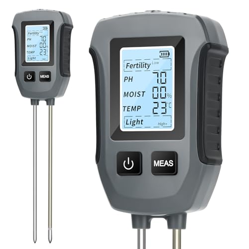 Heemol Medidor de pH 5 en 1, medidor de suelo multifuncional para fertilidad, pH, humedad del aire, temperatura, luz, medidor de suelo de alta precisión para jardines, plantas y plantas de interior