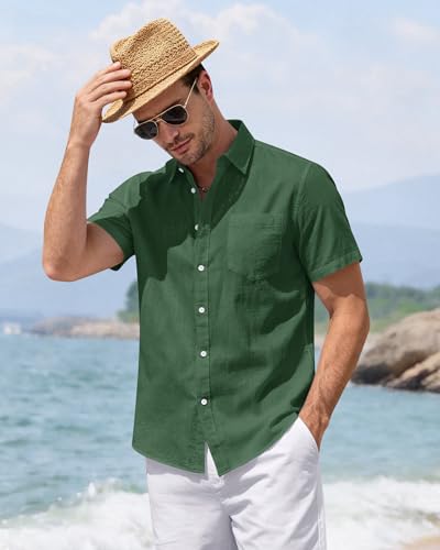 Image of J.VER Mens Linen Shirt Short Sleeve Button Down Casual Summer Shirts | Cotton Linen, Untucked, Big Tall, from Beach Camp Vacation, Cruise Fishing, Work Office, to Wedding Party Family, with Pocket