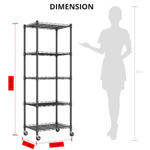 Image of REGILLER 5-Wire Shelving Metal Storage Rack Adjustable Shelves,Standing Storage Shelf Units for Laundry Bathroom Kitchen Pantry Closet(Black,11.8 inch D x 16.6 inch W x 53.5 inch H,With Wheels)