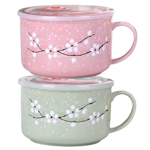 Taza de viaje de cerámica con tapa 2 tazones de sopa con asas 800 ml/28 oz taza de sopa hermética resistente al calor apta para microondas con tapa de viaje cerámica con diseño floral Wintersweet