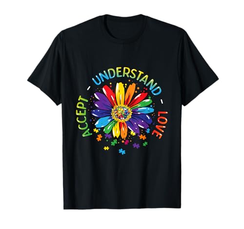 Conciencia del autismo Aceptar Entender Amor Rainbow ASD Flower Camiseta