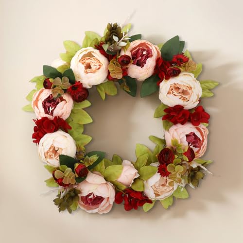 Corona Artificiale di Ortensie 50 cm per Porta, Ghirlanda Fiori Finti per Porta d'Ingresso, Ideale per Pasqua, Casa, Giardino, Matrimoni (Decorazioni per Esterno/Interno) (Rosa)