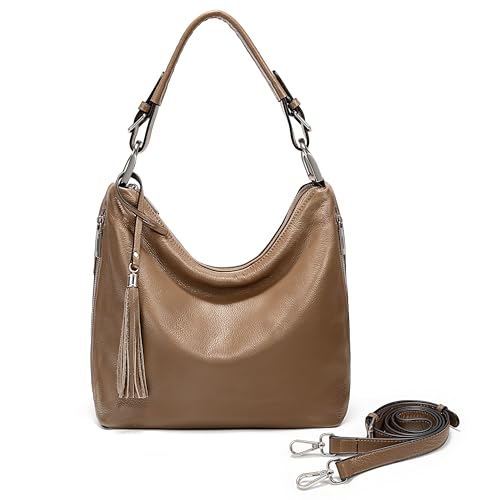 Image of YALUXE Women's Genuine Leather Hobo Handbags Purses Shoulder Bags Cross-body Bags with Double Zippered Pockets