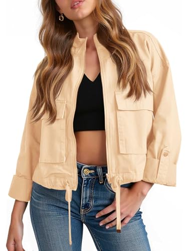 Tankaneo Chaqueta corta casual para mujer, con cremallera, ligera, estilo militar, safari, con bolsillos, Beige, S