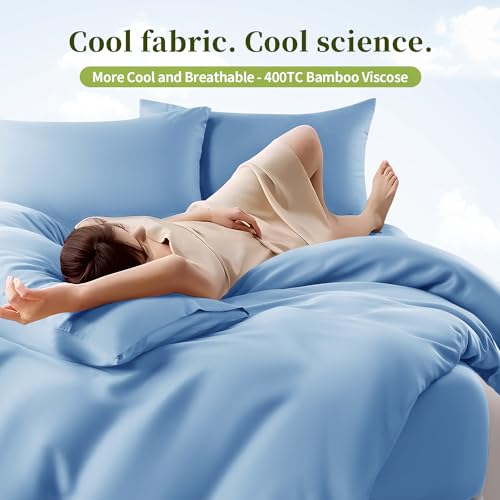 Shilucheng 100% Viscose Derived from Bamboo_ Sheets Cal King Size 6pcs - Ultra Cooling & Silky Soft Bed Sheets, 16" Deep Pocket, Perfect for Hot Sleepers, Hotel Bedding Sheets (Lake Blue)