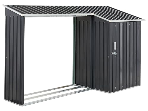 Gerätehaus Metall grau mit Holzunterstand Pultdach Tür 270 cm Modern Aosta