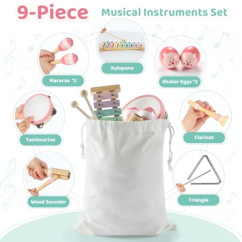 JOLLITO 9-Piece Kids Musical Instrument Set, Wooden Montessori Percussion Toys for Toddlers 1-3, Macaron Pastel Colors Xylophone Tambourine Maracas with Storage Bag, Preschool Educational Gift - Image 3