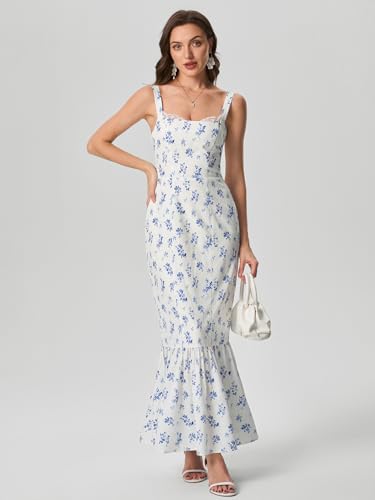 Image of HTZMO Women Casual Summer Floral Maxi Dress Square Neck Boho Wedding Guest Elegant Long Sundress