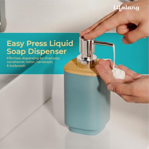 Image of Lifelong Bathroom Accessories Set of 6 with Bamboo Finish | Complete Bathroom Organizer Kit with Soap Dispenser, Toothbrush Holder, Tumbler, Soap Dish, Toilet Brush & Dustbin | Sea Green