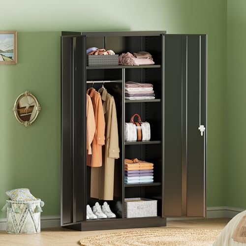 Image of INTERGREAT Metal Wardrobe Closet, 72 inch H Metal Storage Armoires Cabinet with Lockable Doors and Hanging Rod, Armoire Wardrobe Closet with 4 Adjustable Shelves for Home Office, Warehouse, Garage, Black