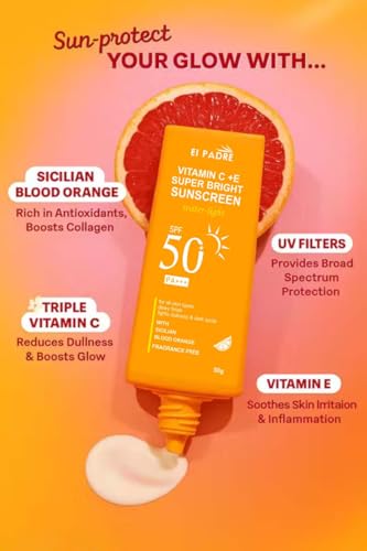 Image of Vitamin C + E Super Bright Sunscreen Spf 50 | Water-Light,UVA /UVB & Blue Light Protection | For Even Toned & Glowing Skin|With Liquid Spf 50+++ | For All Skin Types | 50G (1)