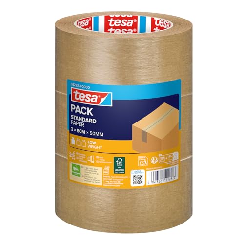 tesa tesapack STANDARD PAPER - Paketband aus Papier - 56% erneuerbare Mateialien - handeinreißbar - Verpackungsband für leichte Pakete - Braun - 3 Rollen je 50 m x 50mm
