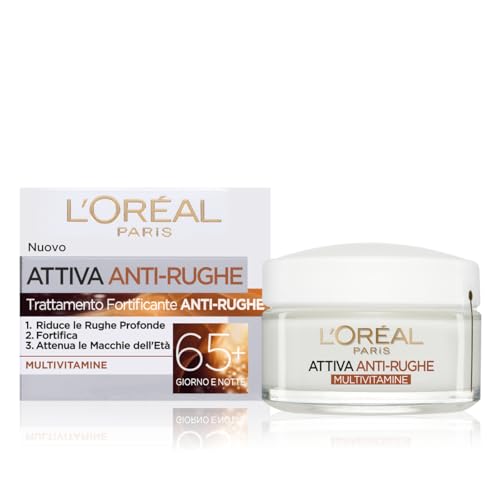 L'Oréal Paris Crema Viso trattamento nutriente giorno Attiva Anti-Rughe, Trattamento Fortificante 65+ con Multivitamine, Adatto a Pelli Mature, 50 ml