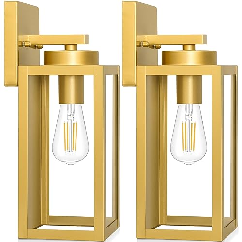 Image of BesLowe Outdoor Wall Light Fixtures, Gold Exterior Wall Lanterns | Waterproof Metal Construction, Rust-resistant, Quick & Easy Installation, Clear Glass Shades & Standard E26 Socket
