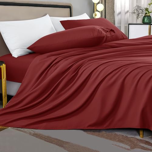 Shilucheng Bed Sheets Set Microfiber 1800 Thread Count Percale Super Soft and Comforterble 16 Inch Deep Pockets - 4 Piece (Queen, Burgundy)