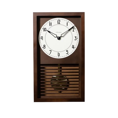INTERZERO Pendulum Clock Wall Clock Desk Clock Japanese Handcrafted Beech Oak Walnut Solid Wood Clock Non-Ticking Battery Operated Vintage Decorative for Living Room Bedroom Office (058-Dark Brown)