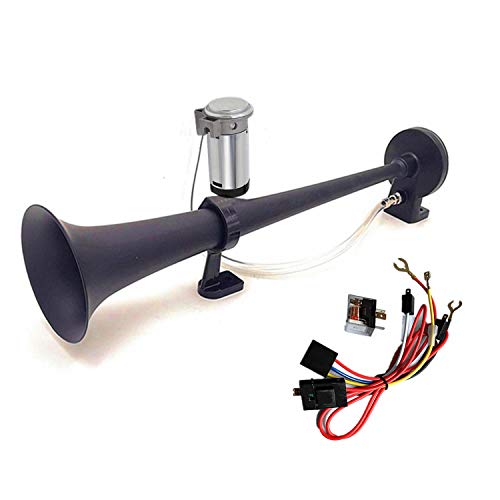 AIHOME Air Horn Super Loud Truck Horn 150DB Car Horn Loudspeaker 45cm Chrome Zinc Black Single Trumpet Truck Air Horn with Compressor Electric Metal Horn for Any 12V Car Boat Moto Lorry Train etc