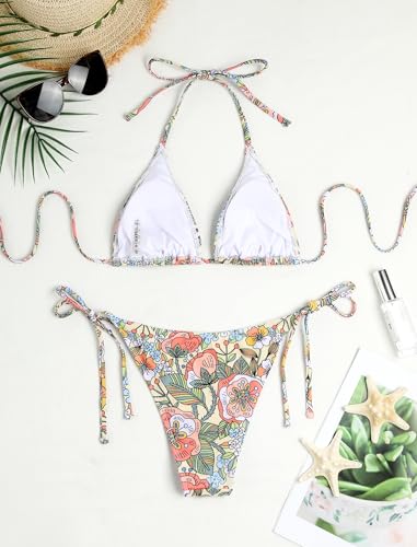 Image of ZAFUL Womens Printed Triangle Bikinis 2 Piece Halter Bikini Sets High Cut Bathing Suit Side Tie Swimsuits