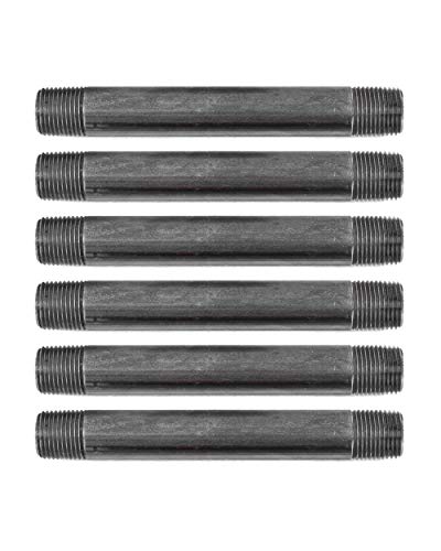 Pipe Décor 1/2” X 6” Malleable Cast Iron Pipe Nipple, Pre Cut Connectors, Industrial Steel Grey Fits Standard Half Inch Black Threaded Pipes Nipples And Fittings, Build Vintage Diy Furniture, 6 Pack #TOP2