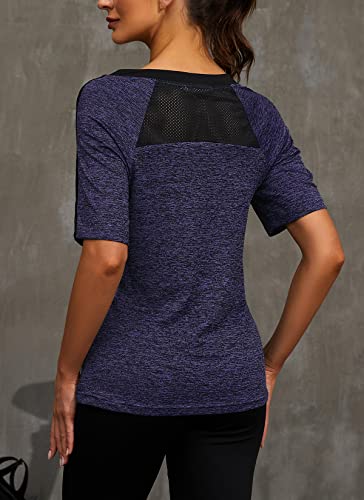 Hocosit Women's Yoga Tops Activewear V Neck Workout Shirts Exercise Running Dry Fit Tee Purple #TOP5