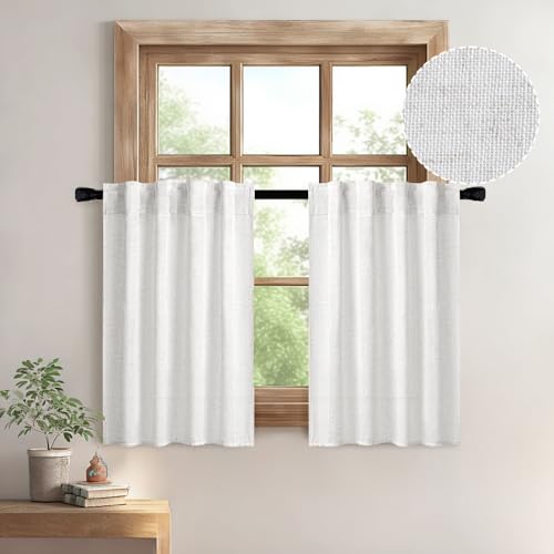 MIULEE White Curtains 24 Inch Length 2 Panels, Soft Thick Linen Textured Semi Sheer Light Filtering Kitchen Window Curtains Over Sink Small Tier Curtains for Bathroom Window Back Tab Rod Pocket