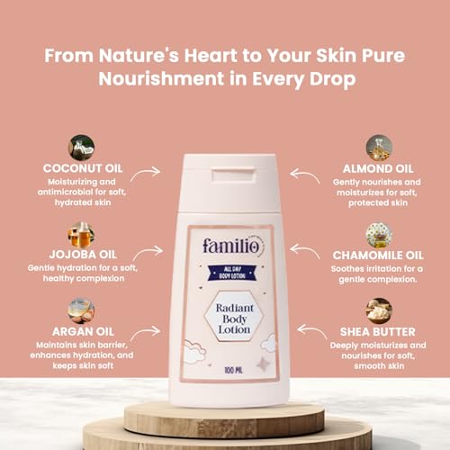 Image of Familio Radiant Body Lotion for kids, teens and adults| Nourishing Body Lotion for winter, dry skin with Natural Oils| Deep Hydration & 24-Hour Moisture Lock | Gentle Skincare for Soft, Smooth, and Glowing Skin | 100 ml