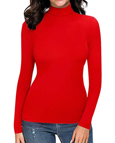 Image of MANGOPOP Women's Slim Fit Long Sleeve Mock Turtleneck Top Tunic T Shirt (Long Sleeve (Red), X-Small)