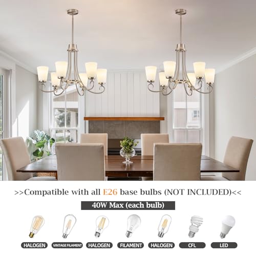 Image of Brushed Nickel Farmhouse Chandelier Rustic Dinner Room Chandelier with Frosted Milky White Glass Lampshade Silver Durable Metal Ceiling Hanging Light Fixture for Kitchen Island Living Room Over Table