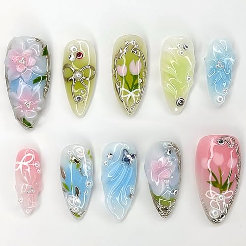 3D Flower Press on Nails Short Almond Fake Nails with Rhinestones...