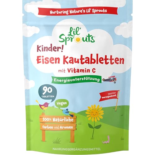 Eisen Vitamin C Kinder Kautabletten | 3 Monate Vorrat - 90 Vegane Tabletten | Natürlicher Beerengeschmack | Iron for Kids | Lil Sprouts