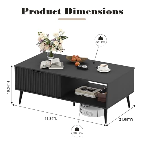 Coffee Table with Storage, Wooden Coffee Tables with Sliding Door and Solid Wood Legs, 2-Tier Cocktail Table, Mid Century Modern Coffee Table for Living Room, Home, Office, Farmhouse, Black