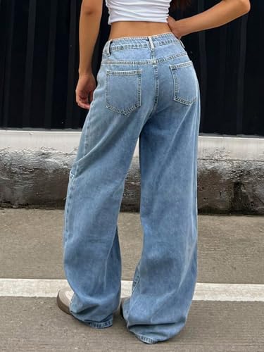 Low Rise Womens Straight Leg Jeans Wide Leg Patchwork Multiple Pockets Relaxed fit Jeans for Women Trendy Pants2