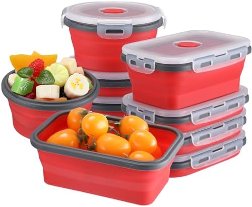 8 Pcs Collapsible Food Storage Containers Silicone Dishwasher Lunch Containers Includes 4 Pcs Round and 4 Pcs Rectangular Lunch Boxes for Lunch School Office Trip (Red)