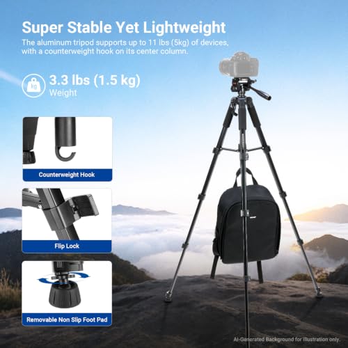 Image of NEEWER Basics TP56 Camera Tripod, 74 inch Tripod with Cell Phone Holder Mount | Compatible with iPhone for Video Recording, Professional Aluminum Lightweight Portable Travel Stand, 3 Way Pan Tilt Head