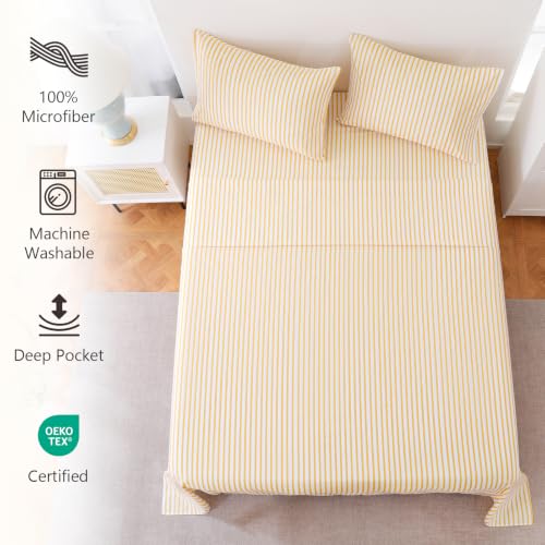 Image of MCO 4Pieces Striped Sheets Set, Breathable King Sheet Set with 16 inch Deep Pocket,Modern & Luxury, Brushed Microfiber Bedding Set(King, Yellow)